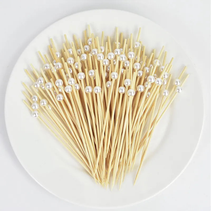 100Pcs White Pearl Bamboo Food Fruit Picks Wedding Party Disposable Cake Dessert Cocktail Sticks Buffet Cupcake Toothpick Skewer