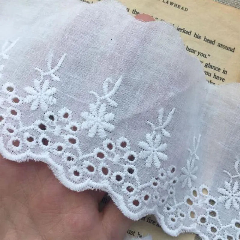 HOT Cotton Embroidered White Flower Lace Fabric Dubai Wide Sewing DIY Trim Wedding Applique Ribbon Collar Cloth Guipure Decor