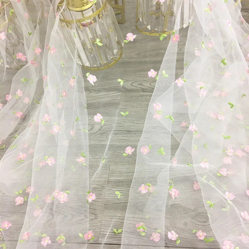 165x45cm Small Pink Flower Embroidered Mesh Fabric For Girls Princess Dress Tulle Handmade DIY Clothing Decoration Fabric TJ9656