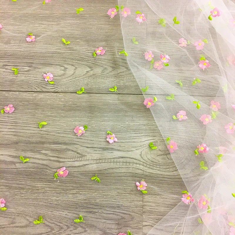 165x45cm Small Pink Flower Embroidered Mesh Fabric For Girls Princess Dress Tulle Handmade DIY Clothing Decoration Fabric TJ9656