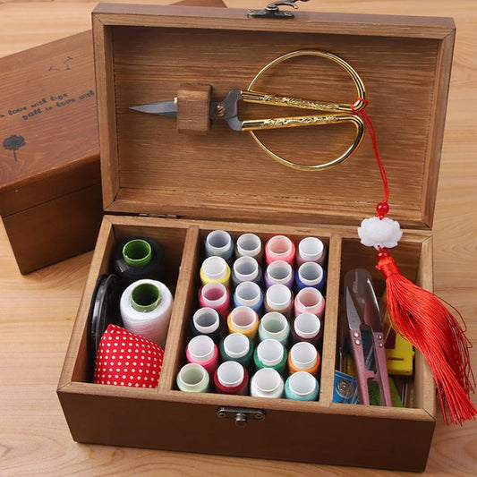 Multifunctional Home Sewing Box Pine Wooden Sewing Box Household Vintage Needle Thread Storage Case Organizer