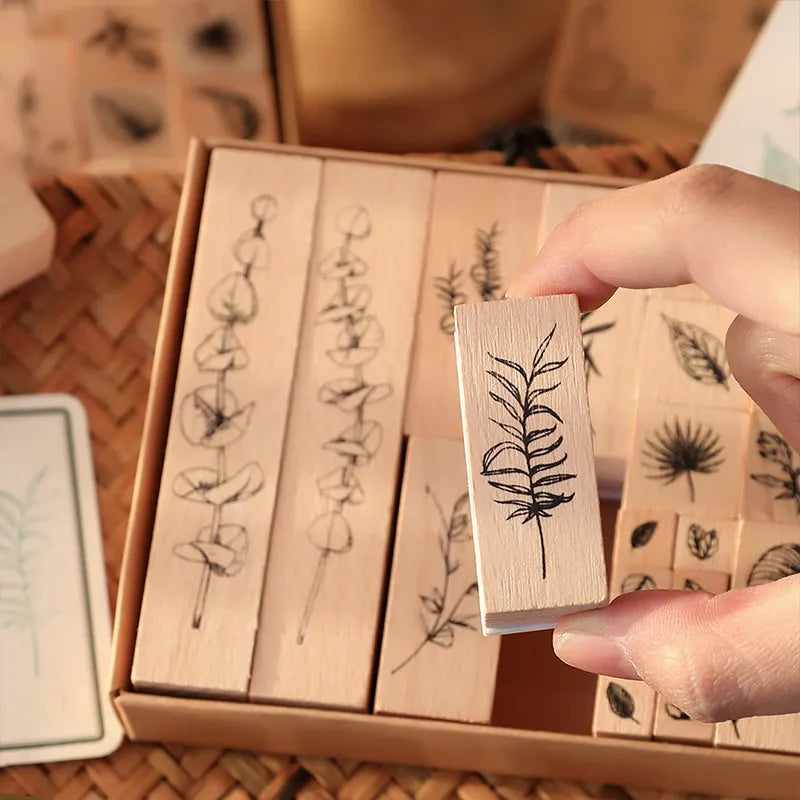 22 Pcs/set Wood Mounted Rubber Stamps Plant And Flower Decorative Wooden Rubber Stamp Set For Diy Craft Diary Craft Scrapbooking