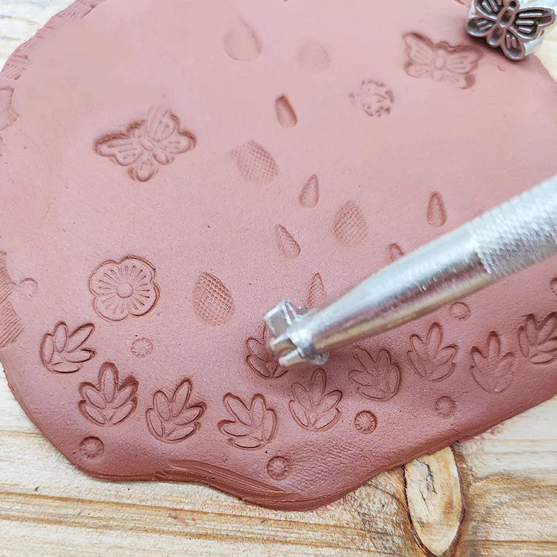 Pottery Stamps for Embossing Leather Tools Stainless Steel Flowers Punch DIY Ceramic Manual Stamp Printing Mold Set