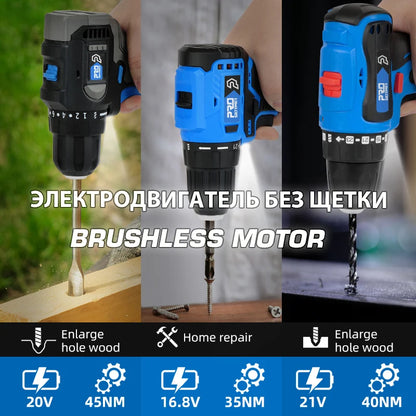 Brushless Electric Drill Cordless Screwdriver 16.8V/21V/20V, 35/40/45/60(Hammer) Nm Li-ion Battery Power Driver  By PROSTORMER