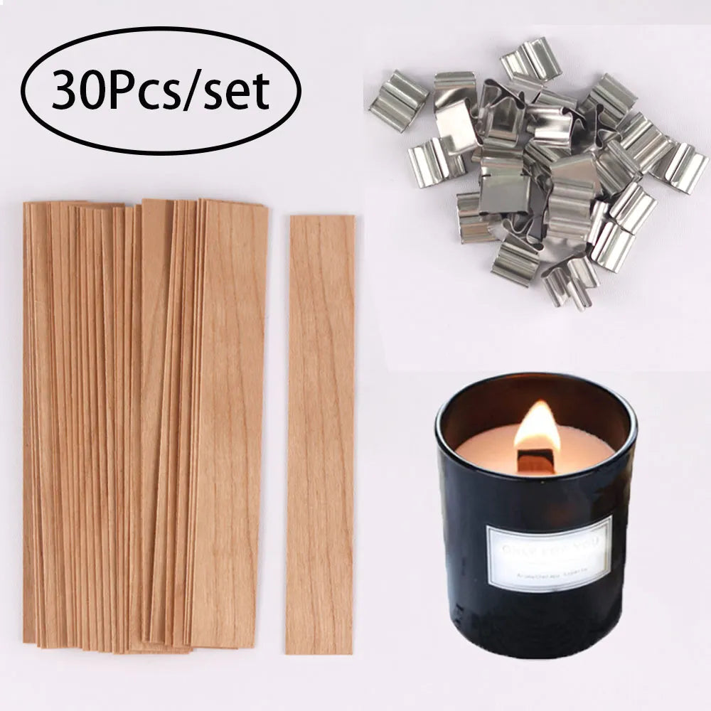 30pcs Wooden Candle Wicks Candle Making Set Wicks with Clip Base  Naturally Smokeless Wood Core for DIY Candle Jar Making Tools