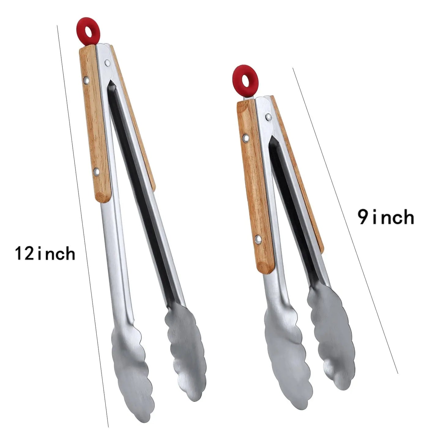 Leeseph Stainless Steel Kitchen Tongs, 9" and 12" Locking Metal Food Tongs with Wooden Grips, Barbecue Tongs for Pans and BBQ