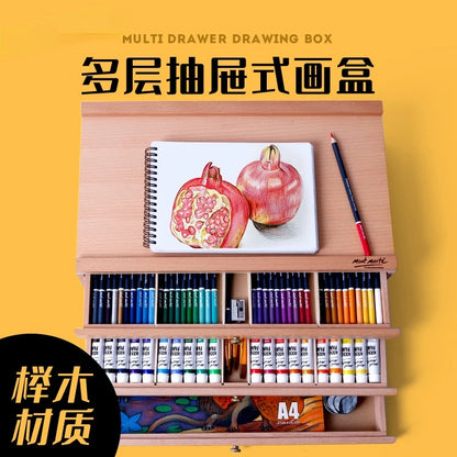 40.9x25.9cm Desktop Easel Wooden Storage Painting Box 3-layer Drawer Portable Oil Painting Box Sketch Pencil Tool Box