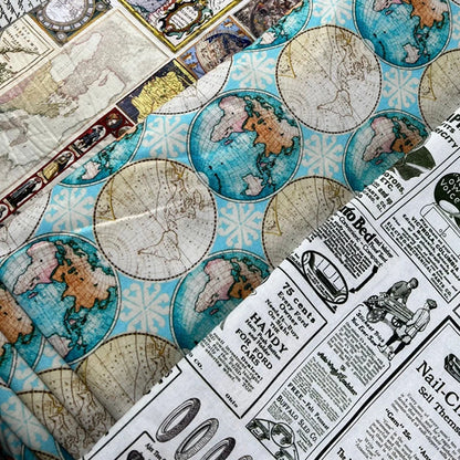 Newspaper Fabric Map Retro Vintage Digital Printed for Handmade DIY Sewing Accessories