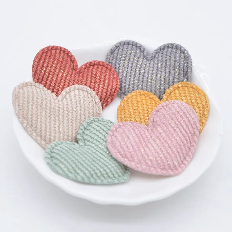 50Pcs/lot 35*30mm Padded Glitter Cloth Heart Appliques for DIY Hat Clothes Leggings Sewing Supplies Headwear Decor Patches