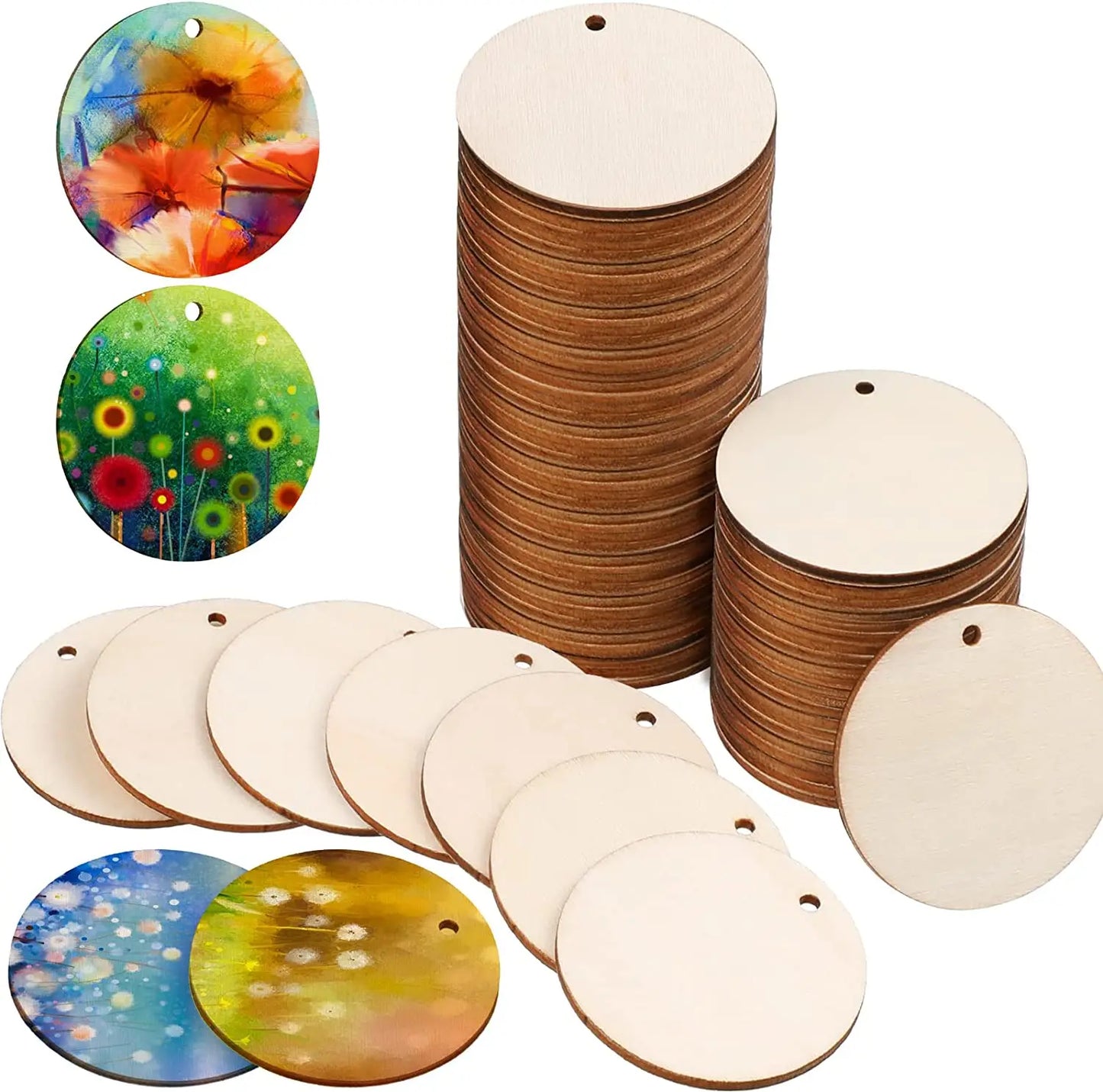 10-50Pcs Natural Wood Slices Unfinished Round Circles Wood Slices With Hole Discs Blank Craft Wedding Christmas Paintting Decor