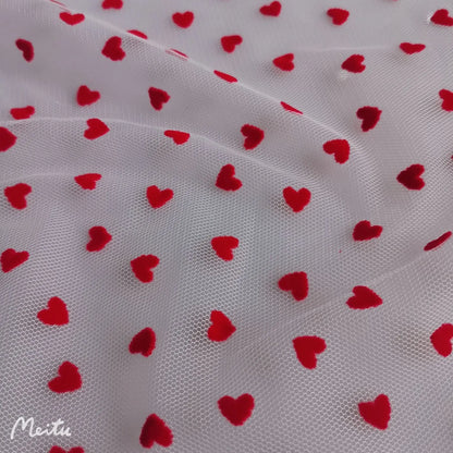 90cm Long 8mm Flocking Red Heart White Tulle Mesh Guipure Lace Fabric Wedding Dress Decoration Net Fabric Sewing Material Supply