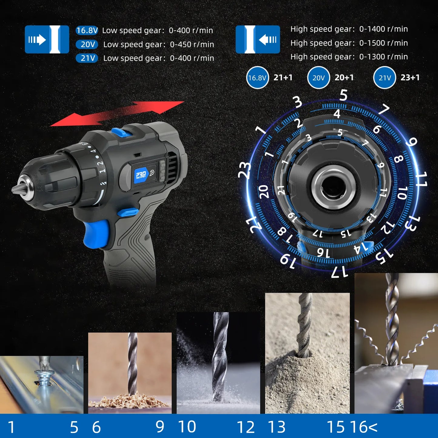 Brushless Electric Drill Cordless Screwdriver 16.8V/21V/20V, 35/40/45/60(Hammer) Nm Li-ion Battery Power Driver  By PROSTORMER