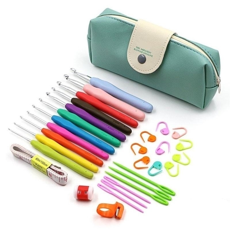 KRABALL Knit Crochet Hook Kit Knitting Needles Set With Bag,Steel Large Eye Blunt Needle,Markers,DIY Hand Sewing Accessories