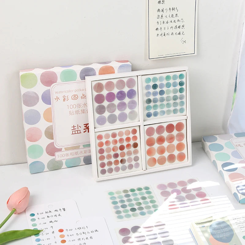 100 Sheets Watercolor Polka Dot Sticker Bullet Journaling Accessories Scrapbooking DIY Color Label Washi Sticker Stationery Gift