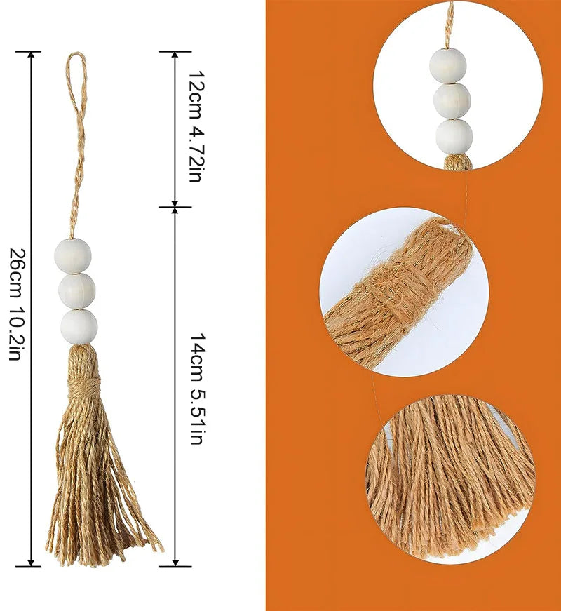 Wooden Handmade boho DIY 3 Wooden Beads Tassels Natural Jute Hemp Rope Tassels For Home Wall Hanging Party Decorations