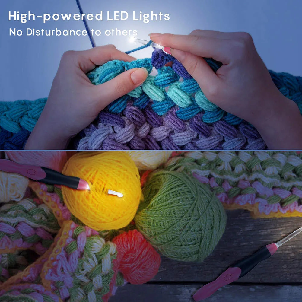 11 In 1 LED Light Up Crochet Hooks Knitting Needles 2 Bright Levels USB Quick Charge Emergency Lighting Top Hook Sewing Handle