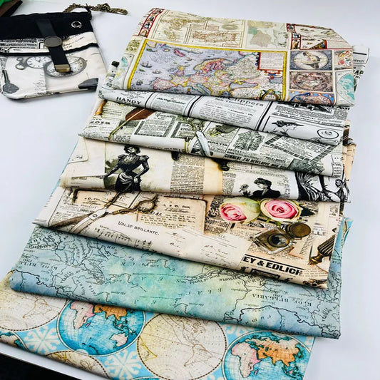 Newspaper Fabric Map Retro Vintage Digital Printed for Handmade DIY Sewing Accessories