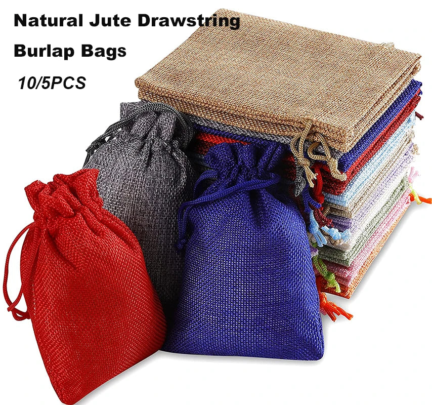 10/5Pcs Natural Linen Burlap Bag Jute Gift Bag Drawstring Gift Bags Multi Size Gift Packaging Wedding Party Favor Candy Bags