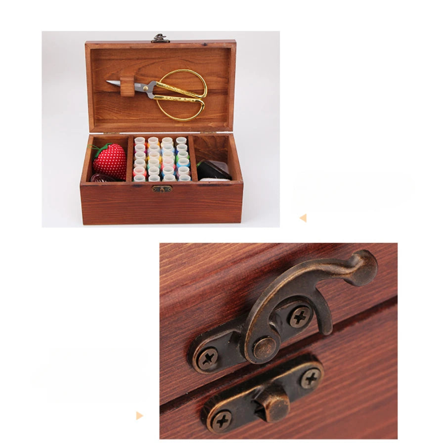 Multifunctional Home Sewing Box Pine Wooden Sewing Box Household Vintage Needle Thread Storage Case Organizer